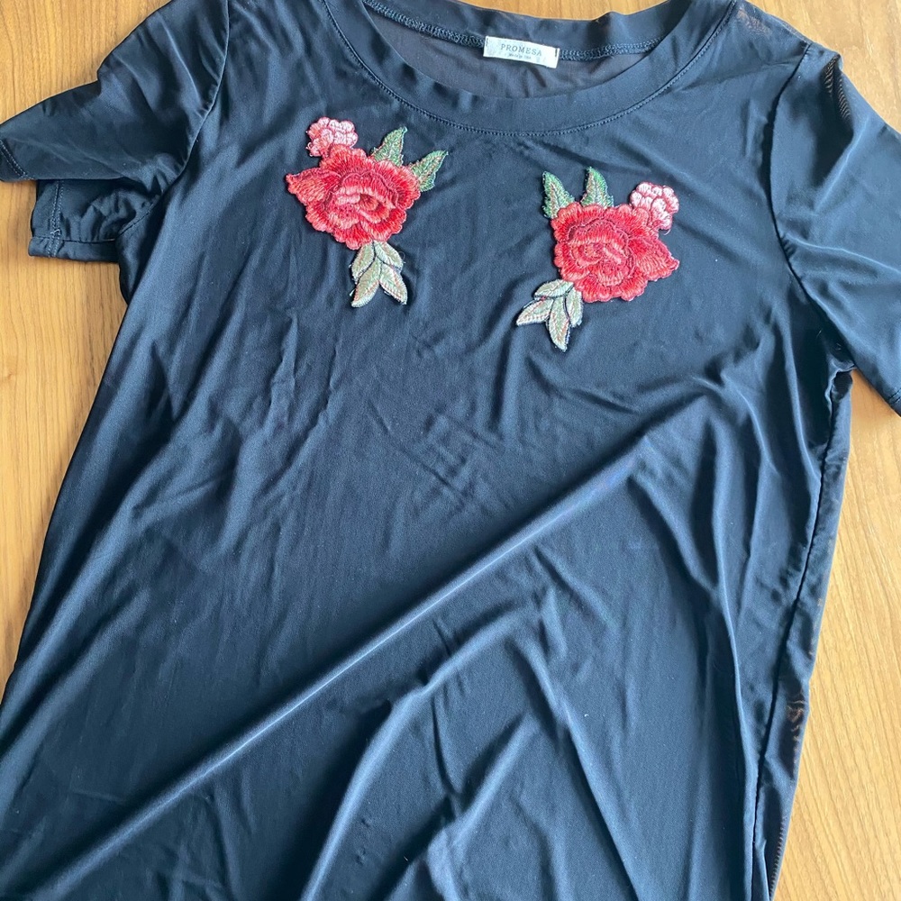 Black Mesh Oversized Tee With Rose Emblem